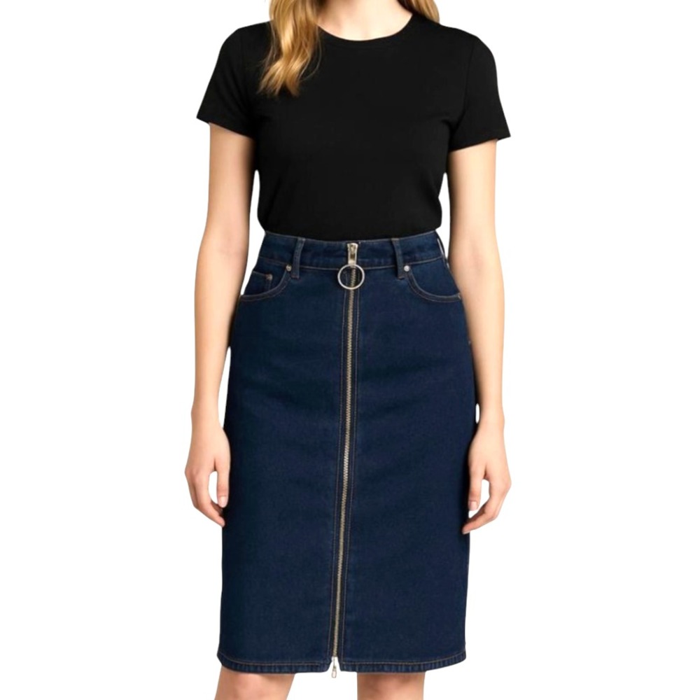 H&M Dark Wash SKINNY DENIM PENCIL SKIRT Knee Length TWO-WAY ZIPPER IN FRONT sz 4